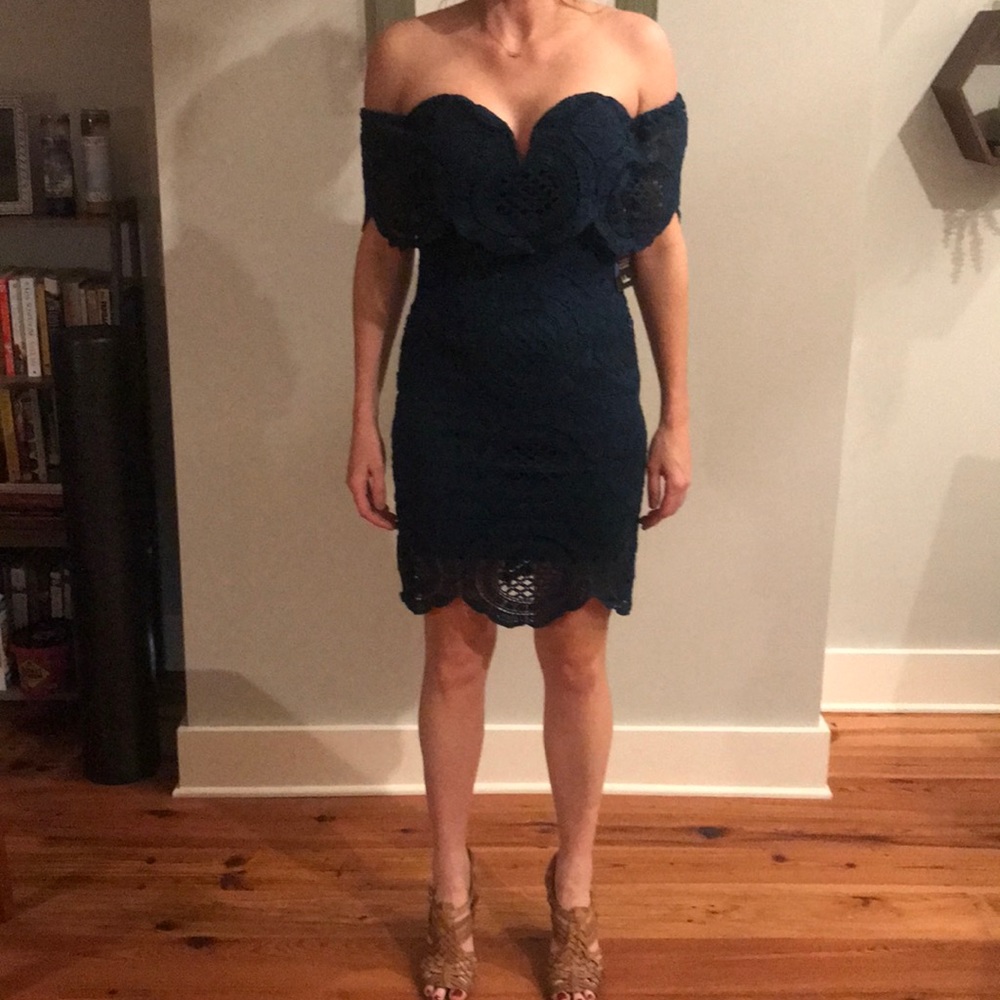 Dark turquoise off the shoulder mini dress